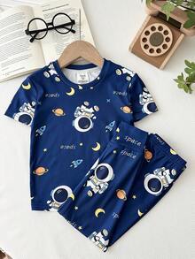 LMoss Kids 2pcs Young Boy Astronaut Graphic Knit Snug Fit Crew Neck T-Shirt And Leggings Pajama Set - Multicolor - View 4