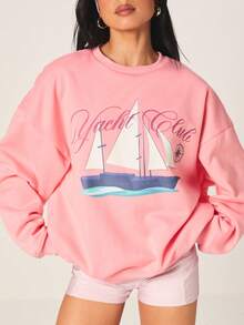 MISSGUIDED Women's Pink Yacht Club Sailboat Graphic Sweatshirt Crew Neck Long Sleeve Casual Nautical Inspired Pullover - Pink - View 1