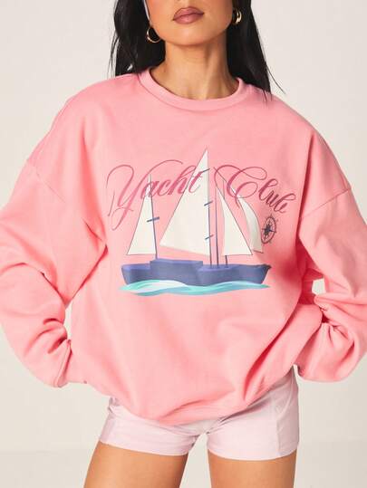 MISSGUIDED Sudadera de cuello redondo de manga larga con gráfico de velero del club náutico rosa para mujer, inspirada en lo náutico de estilo casual