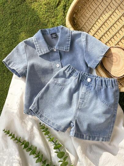 Vintaside Kids Baby Girls' Denim Casual Loose Short Sleeve Denim Shirt & Relaxed Elastic Waist Denim Shorts Set, Lightweight Soft Cotton Denim, Fashionable Must-Have For Spring/Summer, Suitable For Daily Wear, Outings, Gatherings, New Summer Collection