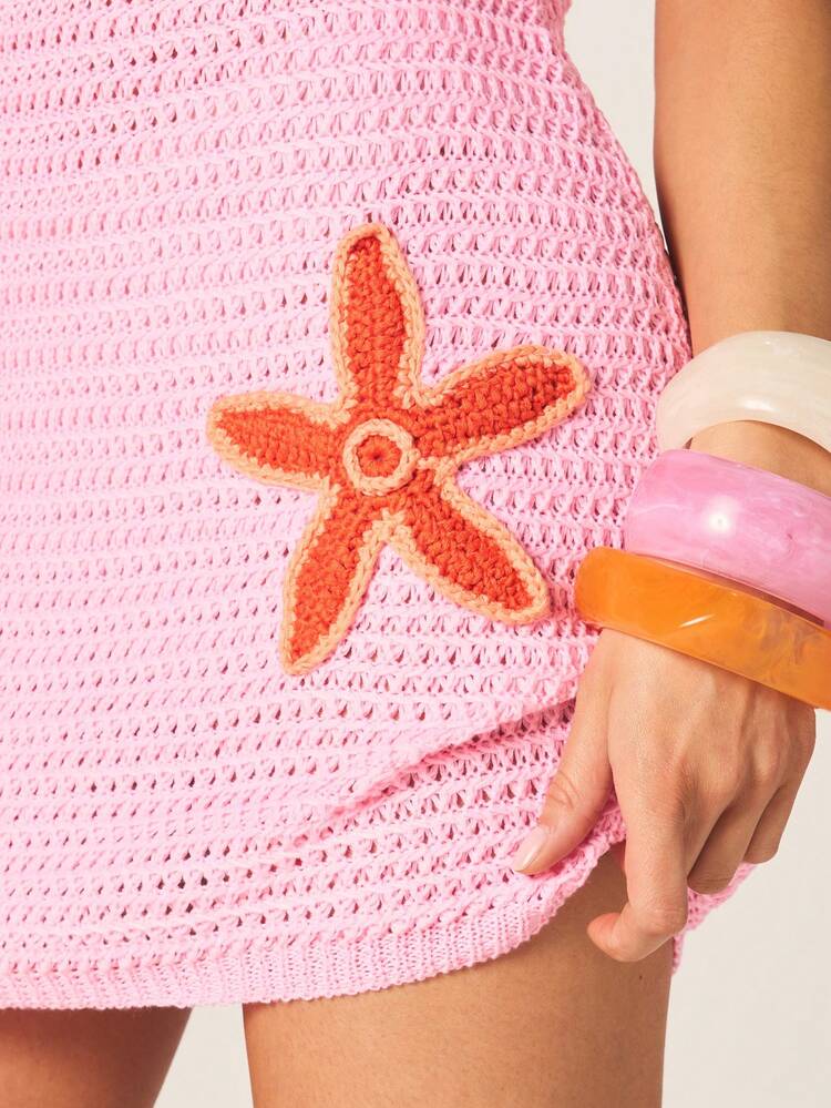 MISSGUIDED Women's Crochet Floral Cover Up Strapless Mini Dress Beach Vacation Swimwear Overlay Starfish Pattern Summer