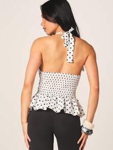 MISSGUIDED Women's Polka Dot Halter Neck Peplum Top With Smocked Bodice And Ruffle Hem Detail - White - View 2