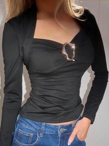 Sydney Algeri New Autumn Metal Decor Button Hollow Out Women T-Shirt - Black - View 4