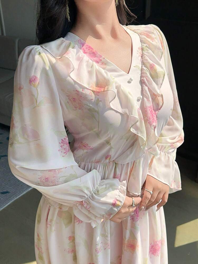 Dazy Plus Floral Print Patchwork Frill Trim V-Neck Waist Cinched Elegant Long Flare Sleeve Plus Size Women Spring/Summer Maxi Dress Boho