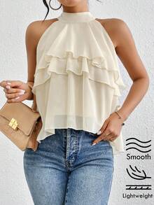 Firerie Halter Neck Ruffled Cake Chiffon Blouse Beach Vacation, Summer Holiday, Tropical, Resort Wear, - Beige - View 2