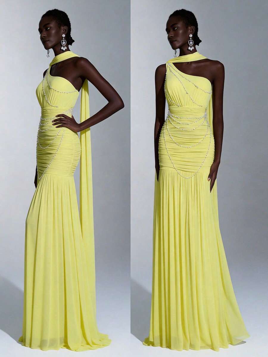 Elitara Elegant Luxurious Pearl Chain Splice Elastic Knit Net Ruched One Shoulder Halter Mermaid Dress With Flounce Sleeves, Suitable For Wedding, Party, Vacation, Ball, Evening Gown - Yellow - View 1