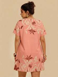 Travachic Plus Size Women Floral Print Casual Short Sleeve Dress - Multicolor - View 2