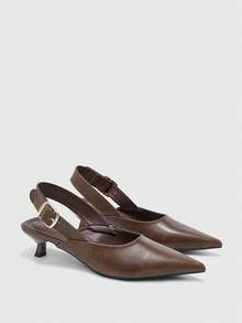 CUCCOO BIZCHIC Women's Pointed Brown PU Metal Buckle Slingback Stiletto Temperament Commuting Fashion Wear High-Heeled Sandals Spring Shoes - Brown - View 7