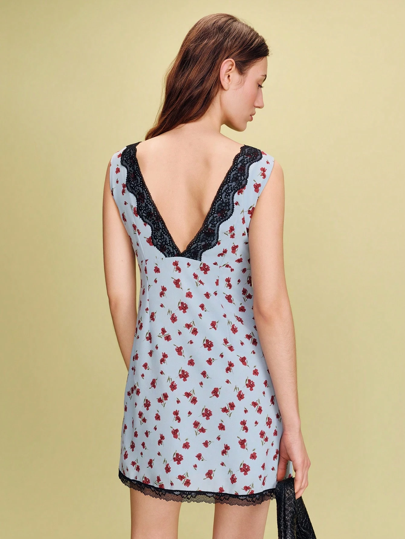 Blue Floral Mini Dress With Black Lace Trims Spring Summer Vacation Dress French Style Parisian Style