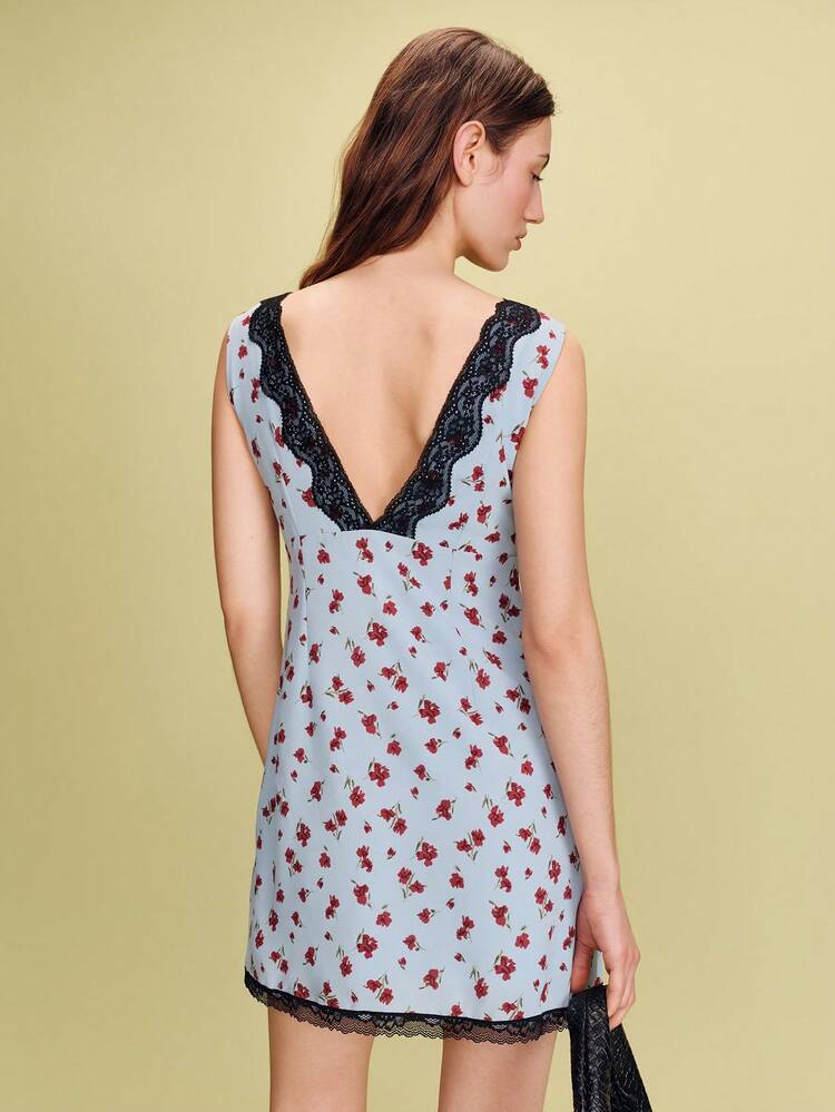 Blue Floral Mini Dress With Black Lace Trims Spring Summer Vacation Dress French Style Parisian Style