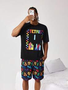 Tetris™ X SHEIN 男士宽松圆领短袖T恤和短裤睡衣套装，设计 - 黑色 - 查看 7