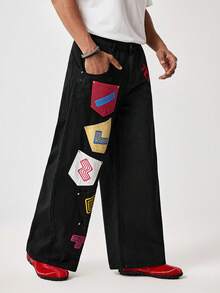 Tetris™ X SHEIN Men's Pocket Button Letter Graphic Casual Versatile Daily Wear Wide Leg Jeans - Black - View 5
