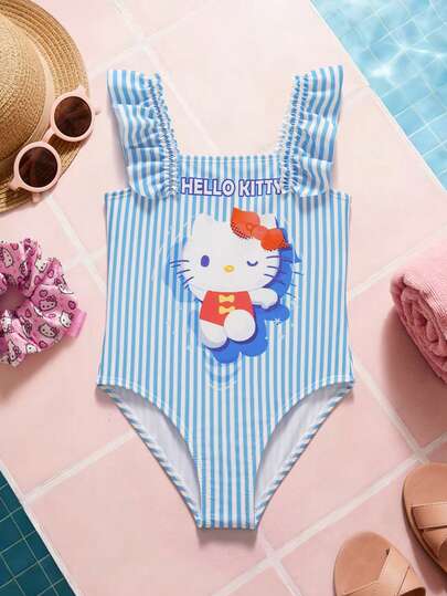 HELLO KITTY AND FRIENDS | SHEIN 女童条纹卡通图案方领连体泳衣