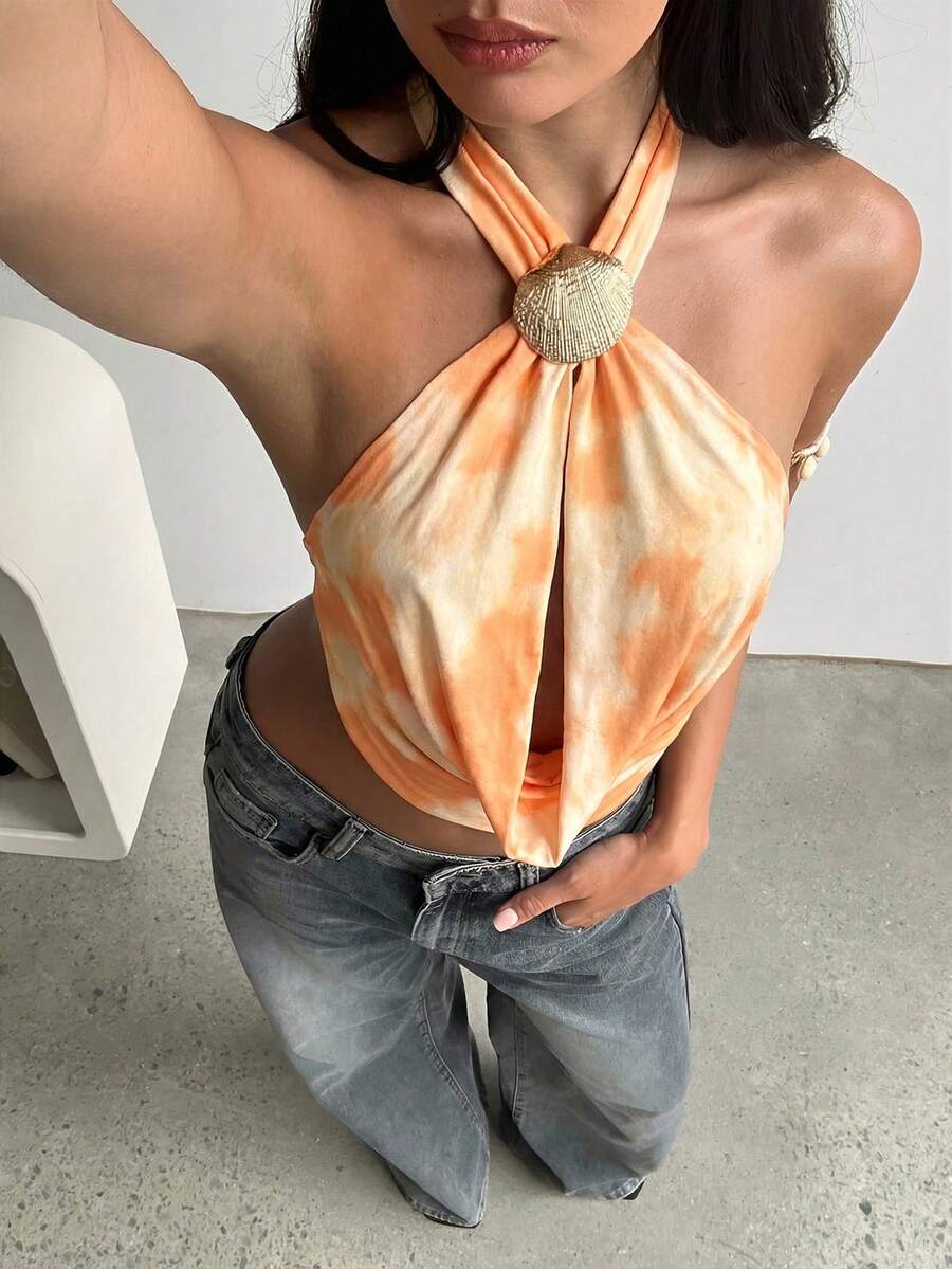Aloruh 女士性感优雅交叉深V领扎染印花露背吊带上衣 - 橘色 - 查看 1