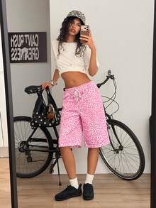 Muchica Women's Leopard Print Drawstring Waist Pocket Casual Versatile Daily Wear Wide Leg Shorts - Pink - View 7