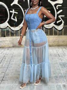 Slaydiva Women's Fashion Semi-Sheer Mesh Skirt With Denim Vest Patchwork Backless Top - Blue - View 3