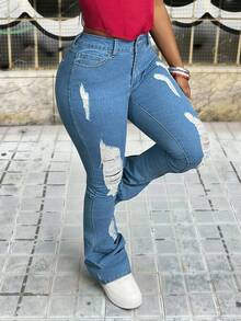 Slaydiva Women's Distressed Skinny Flare Casual Street Wear Denim Jeans - Blue - View 6