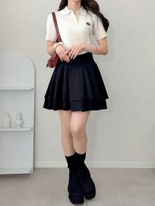 FRIFUL Women's Casual Basic Braided Knit Short Sleeve Top, Versatile For Daily Wear Summer Back-To-School Golf White - Beige - View 2