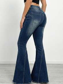 SHEIN Tall Women's High Waist Pocket Rivet Design Casual Flare Leg Jeans - Dark Wash - View 2