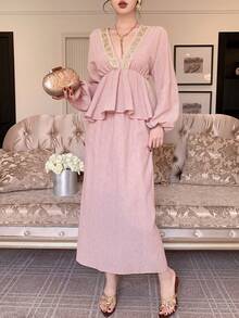 DAZY 女士V领收腰长袖刺绣拼接上衣和长款直筒半身裙优雅两件套 - 粉色 - 查看 6