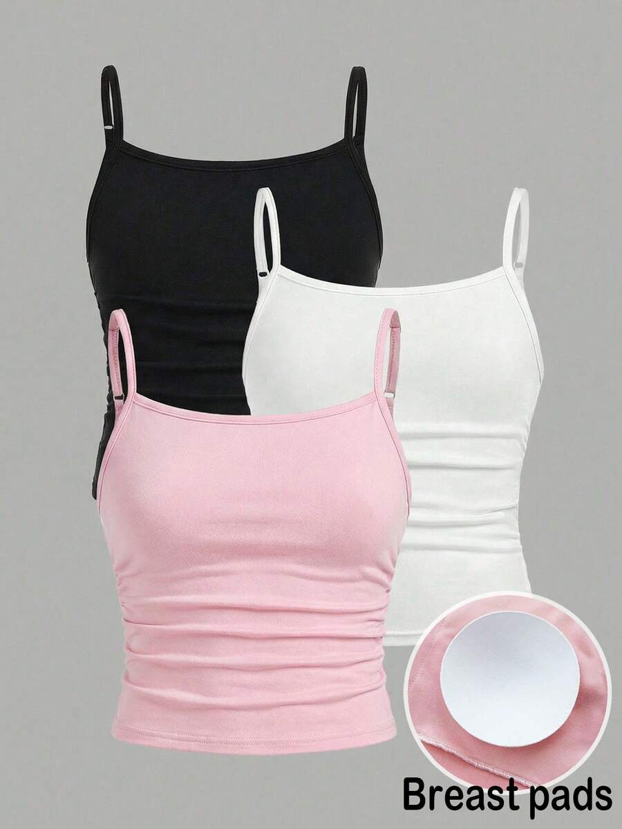 SHEIN Bộ 2 áo hai dây dệt kim màu đen trắng cho bé gái tuổi teen, có dây đeo điều chỉnh được và áo ngực có đệm, thích hợp mặc trong/ngoài, mùa xuân/hè. - Nhiều màu - Xem 1