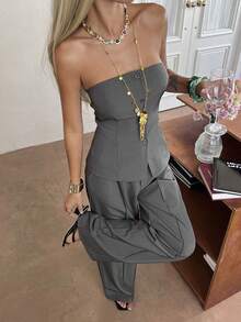 Livesso Ensemble 2 pièces Top sans bretelles unicolore et pantalon, tenue de loisirs d'été pour femmes - Gris - Voir 5