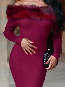 Mima John 欧美风毛领长袖中长款毛衣裙 - 酒紅色 - 查看 5