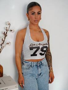 SAYEHFBABY 女式条纹字母图案街头风工字背心 - 黑與白 - 查看 1