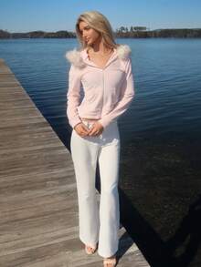 Sydney Algeri 复古短款毛绒拉链卫衣外套，女士款，粉色，秋冬款 - 粉色 - 查看 5