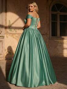 Plus-Size, Luxurious Gray-Green Satin A-Line Dress With Rhinestone Embellishments, Featuring A Deep A-Line Silhouette And A Romantic, One-Shoulder Design. A Versatile, Two-Way Gown With A Train, Perfect For Weddings, Parties, Celebrations, And Formal Occasions. (Scarf Included) - Green - View 4