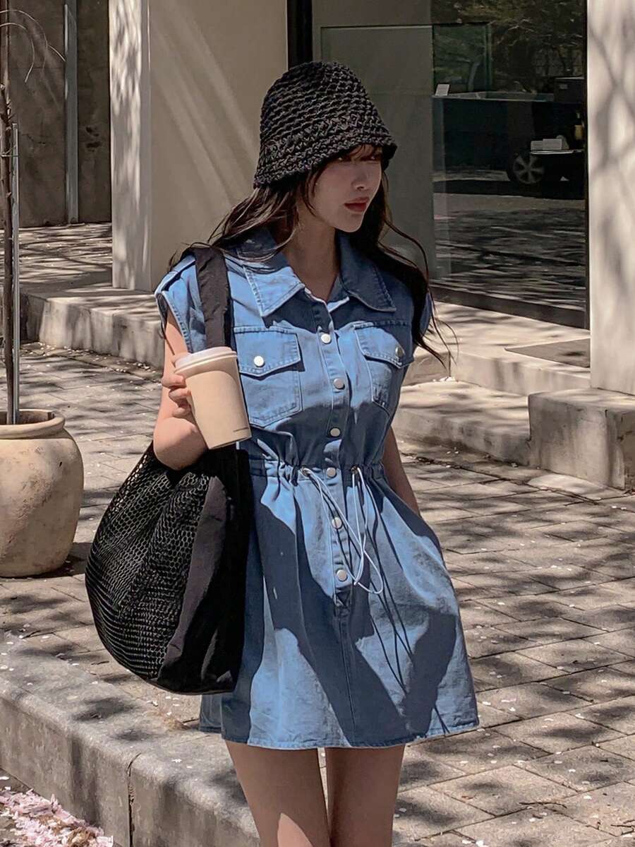 DAZY 女士休闲抽绳腰牛仔连衣裙，夏季女式连衣裙 - 藍色 - 查看 1