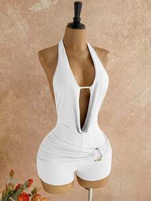 Soleia 新款休闲度假西部海滩婚礼宾客着装，毕业早午餐，圣帕特里克节，春假，复活节，音乐节，优雅波西米亚热带风情露背金属串珠纹理连体裤，女士款 - 白色 - 查看 3