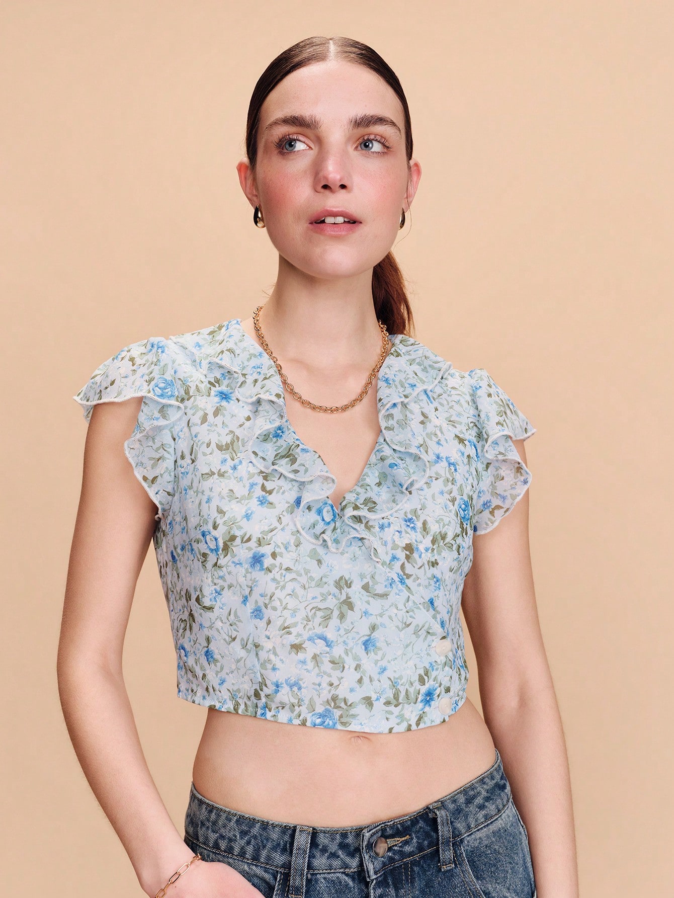 Blue Floral Print Vintage Chiffon Wrap Short Sleeve Blouse With Ruffle Collar Spring Summer French Style Parisian Style Vacation Top Business Casual