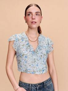 lacRébo Blusa de gasa con estampado floral azul vintage, de manga corta con cuello de volantes, para primavera y verano - Azul - Ver 4