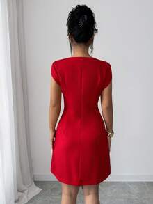 Elenzga 女士红色圆领收腰A字连衣裙，带口袋和短袖，优雅法式浪漫复古风格，适合办公室、商务、海滩、休闲等多种场合，百搭实用，春夏新品上市 - 紅色 - 查看 2
