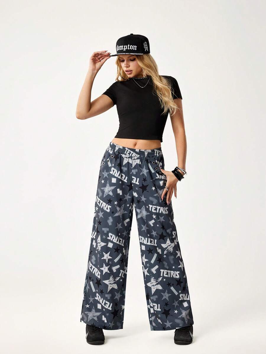 Tetris™ X SHEIN Women's Letter & Star Print Elastic Waist Wide Leg Loose Casual Pants - Grey - View 1