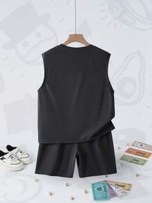 MONOPOLY X SHEIN 男童夏季休闲卡通字母印花背心和短裤套装 - 灰色 - 查看 2