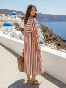 EMERY ROSE 大码女士条纹休闲派对旅行连衣裙 - 彩色 - 查看 2