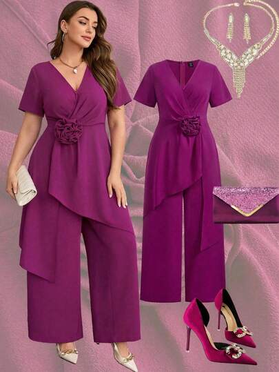 Ellevyn Plus Size Women's 2-Piece Set, Elegant Purple Asymmetrical Floral Decor Short Sleeve Top And Pants Set, Suitable For Daily Wear Summer Outfits For Women Summer Clothes Summer Vacation Outfits Summer Outfits For Woman Summer Clothes Women Set 2 Piece Set Women Two Piece Women Sets Outfit Sets Women Matching Sets Women Matching Sets Suits For Woman Set Sets For Women Comfy Sets Women Co Ords Sets Women Women's Summer Set  Summer Outfits Summer Clothes Summer Holiday Outfits Carnival Costume Carnival Women Look 2026 Women Carnival Costume Carnival Outfit Carnival Costume For Women Women's Carnival Costume Flower Graduation Dress For Women Graduation Outfit For Mother Graduation Ceremony