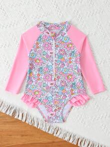 SHEIN Toddler Girl Swimsuit, Island & Palm Tree Print Long Sleeve Zipper One-Piece Swimwear, Cute Ruffle Raglan Sleeve Sun Protection Swimsuit - Multicolor - View 5