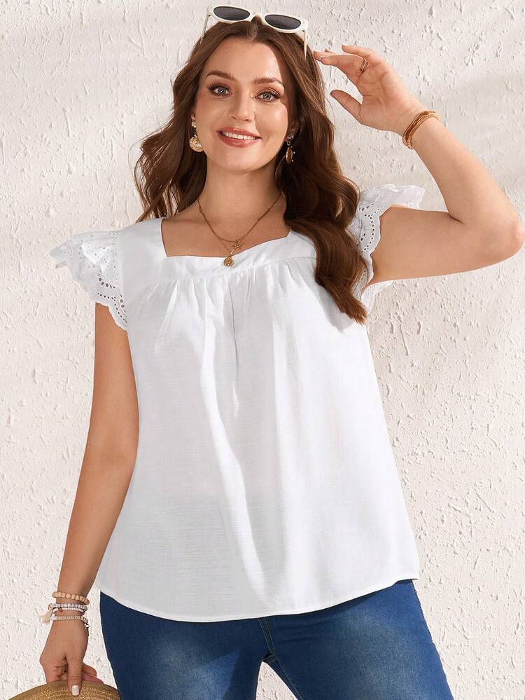 Plus Size Women's Summer Casual Vacation Country  Solid Color White Pleated Casual Versatile Daily Wear Ruffle Cap Sleeve Short Sleeve Loose Blouse Top Shirt,Spring/Summer,Summer\Vacation,Summer Holiday,Spring Break Outfits ,Vacation Outfits Women ,Holiday Outfits For Women,Going Out Outfits,2026 New Clothes,Simple And Fashionable For Everyday Wear,Suitable For Summer, Vacation, Daily Wear,Suitable For Summer, Vacation, Daily Wear,Country Concert Outfit