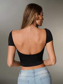 Nuvra 1pc Women's Black Comfortable Fabric Sexy Backless Design T-Shirt - Black - View 6