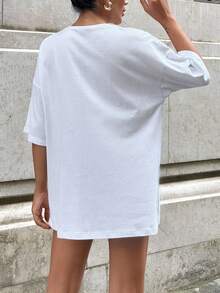 EURMUSE Áo thun trắng dáng rộng 100% cotton với họa tiết trái tim thêu. - trắng - Xem 3