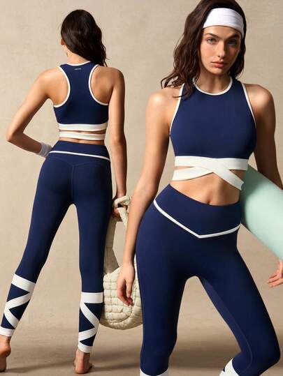 VARSIVA Women's Contrast Color Cropped Tank Top And Leggings Sports Set