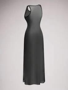 SuitURBody 女士纯色圆领无袖网眼紧身性感睡袍娃娃裙内衣外衣外出 - 黑色 - 查看 5