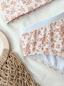 SHEIN Teen Girls Ditsy Floral Halter Bikini Sets, Conservative Swimwear Sets For Beach Holiday Modest Two Piece Swimsuit Vacation Two Piece Set Girls Modest Bikini Set Summer Matching Set High Waisted Bikini Set - Apricot - View 4