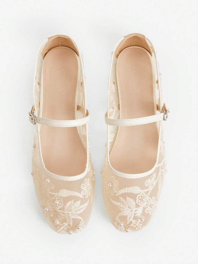 CUCCOO CHICEST Women Shoes Four Seasons New Embroidery Faux Pearl Low Vamp Square Toe Flat Sole Shoes Elegant Elegant Fashion Mesh Women's Flat Shoes Soft Sole Ballet Shoes Elegant Commuter Mary Jane Shoes Wedding Shoes Summer Shoes Bride Shoes