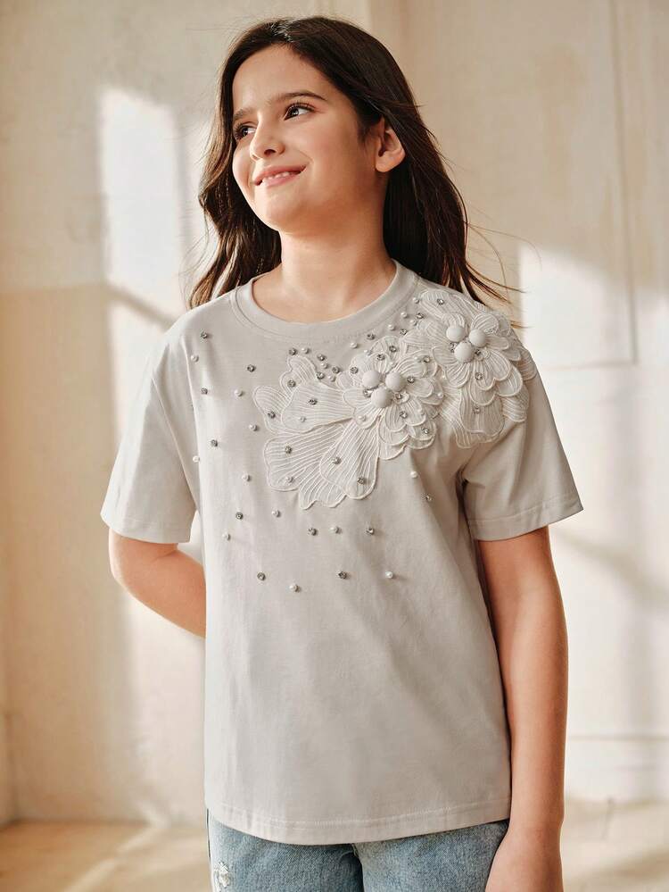 Girls' Khaki T-Shirt With Random Beaded & Rhinestone Decor, Summer