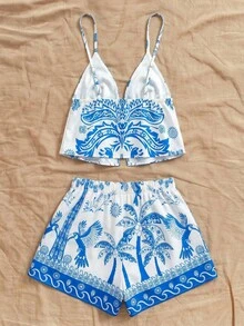 Soleia Women's Casual Printed Camisole & Shorts 2 Pieces Set, Summer - Baby Blue - View 2