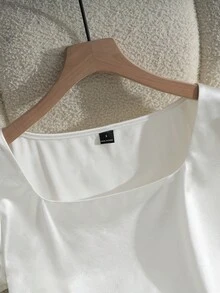 GlowEve Women's Elegant French Square Collar Puff Sleeve Pleated Glossy Satin Fitted Casual Blouse, Suitable For Commute, Daily, Party, Spring/Summer - White - View 5